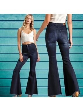 Umgee High Rise Fringe Hem Bell Bottom Stretch Denim Jeans Dark Blue Wash New 7